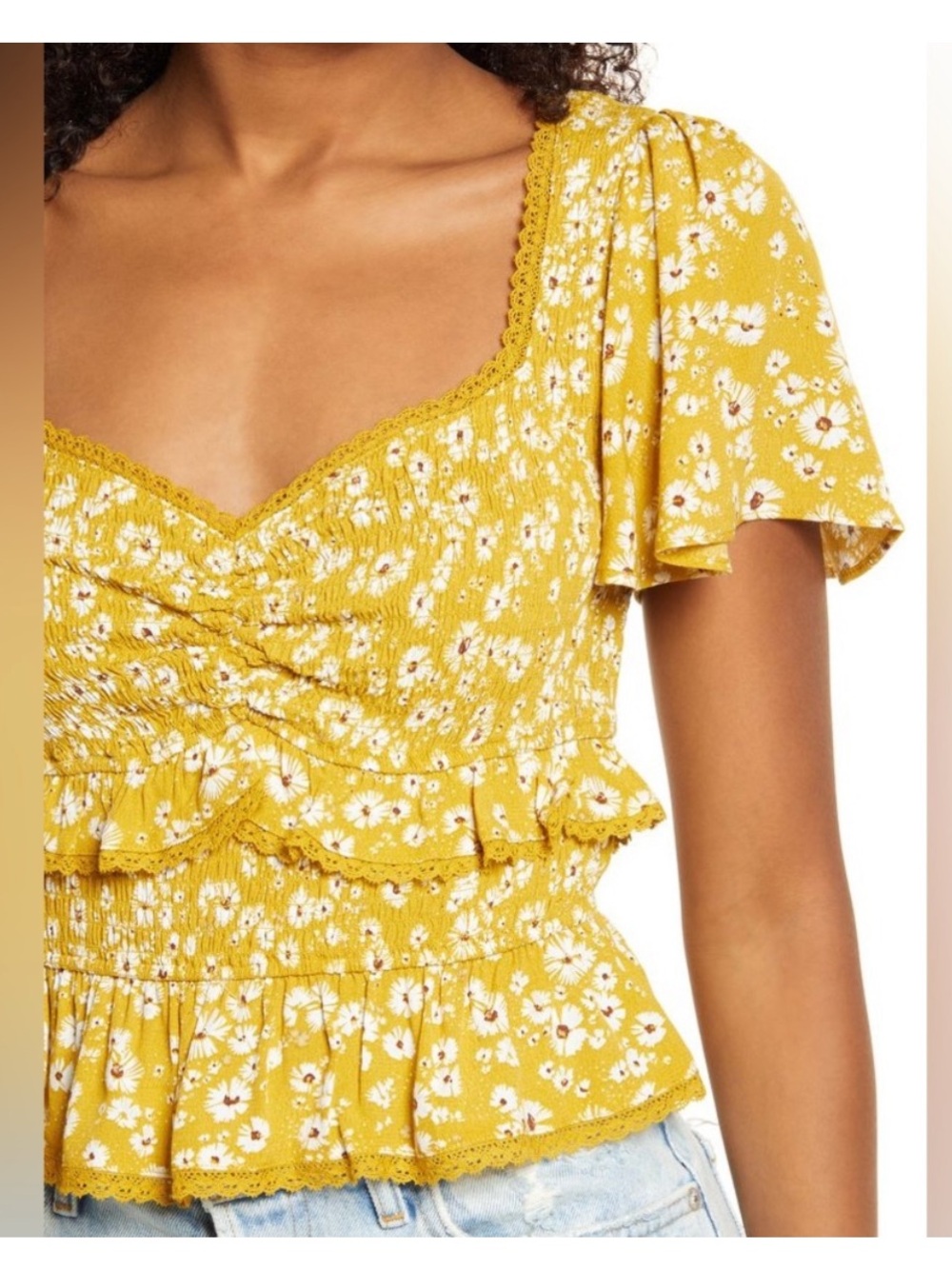 ASTR Mustard Yellow Floral Smocked Peplum Top